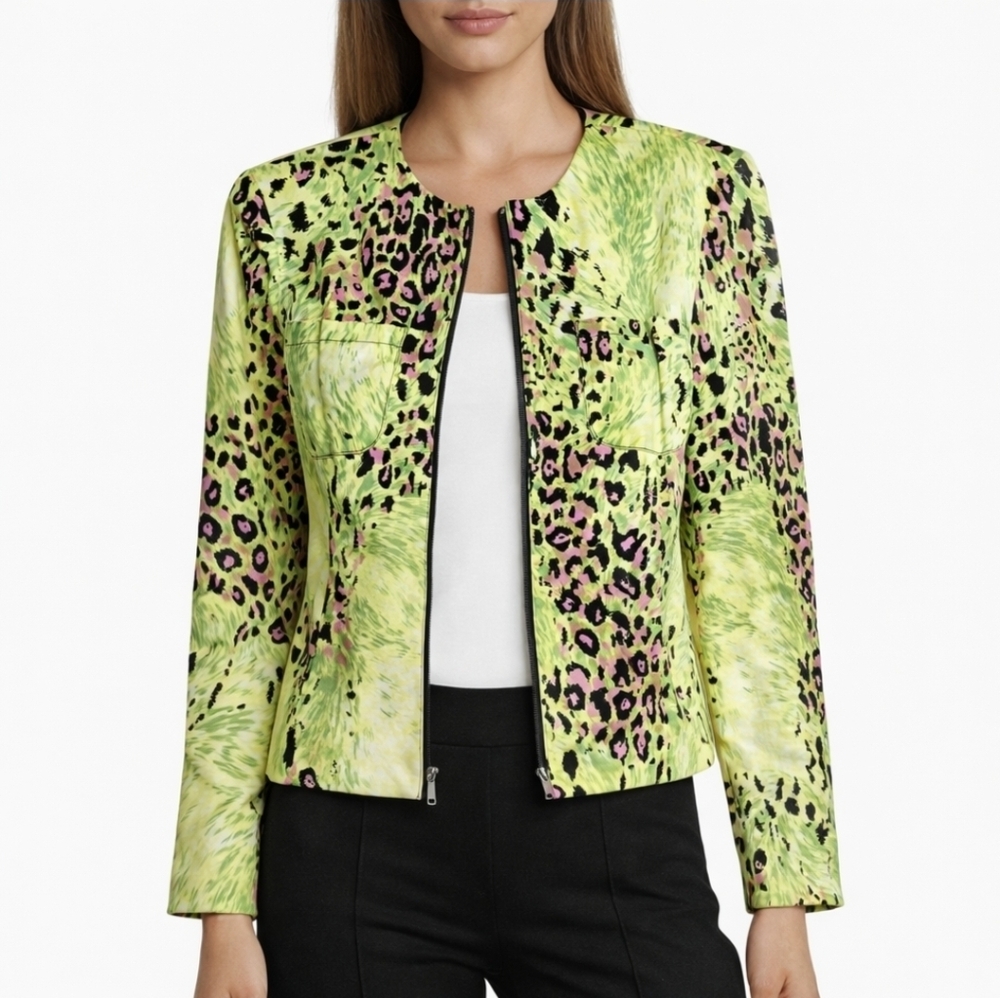 Maggy London Women’s Lime Green Animal Print Blazer Jacket Zip Front Pockets